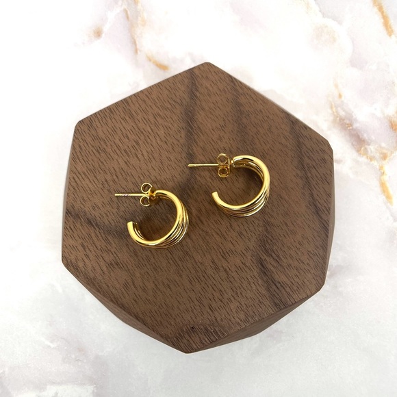 Gold Huggie Triple Hoop Earrings - Picture 2 of 3